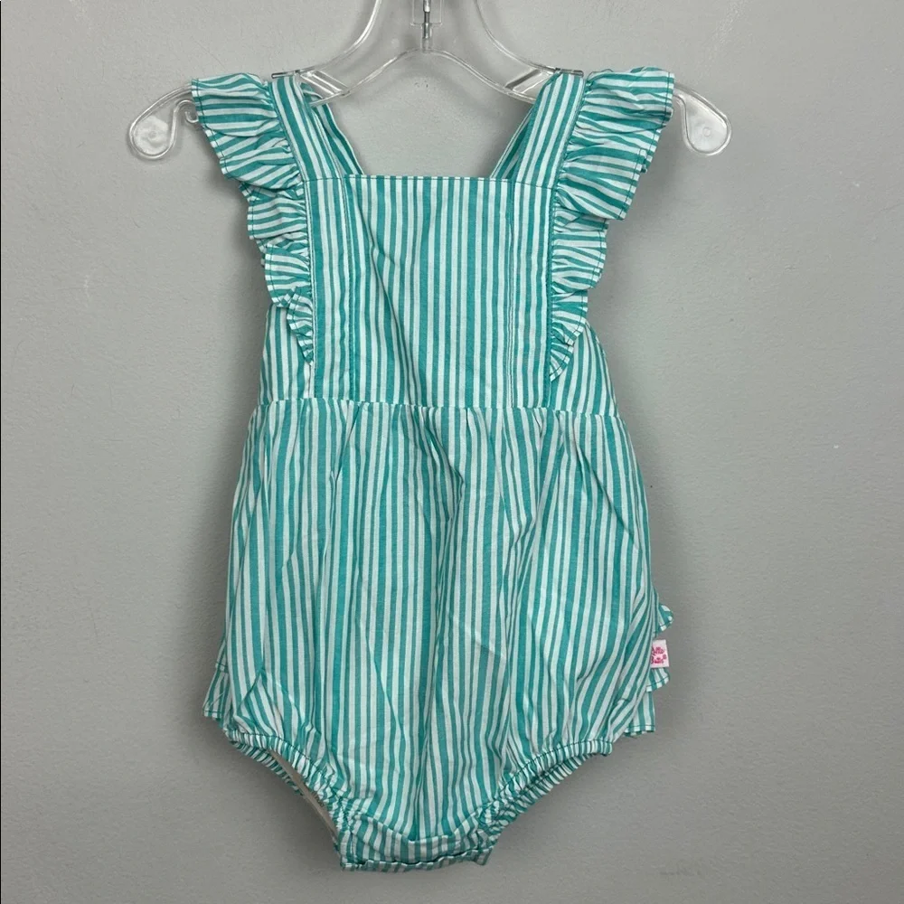 NWT Ruffle Butts Bella Aqua Blue Stripe Bubble Romper W/ Headband Sz 6-12M